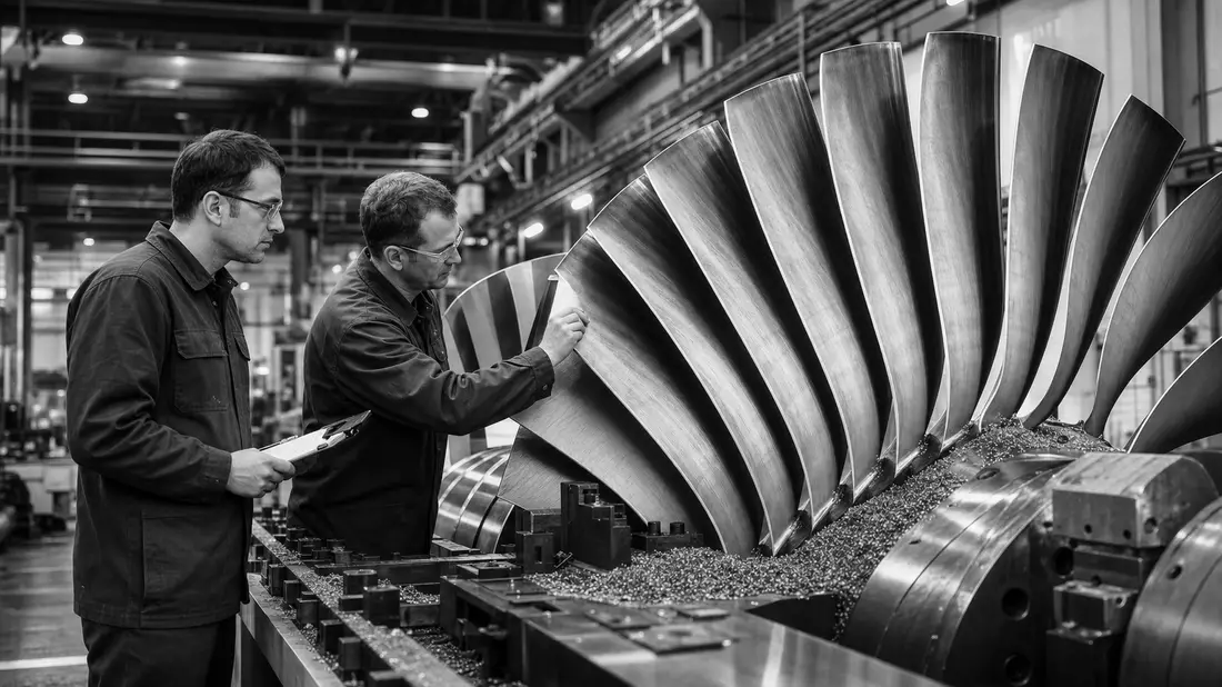 SW-Foto: Ingenieure prüfen Turbinenschaufeln, Rolls-Royce Holdings plc GB00B63H8491