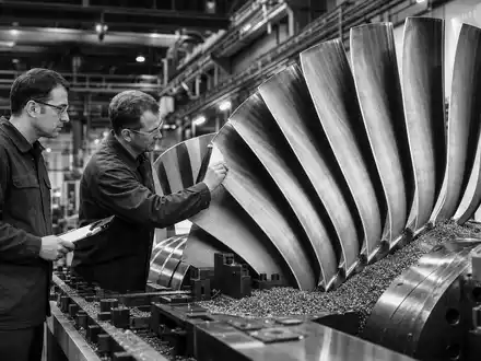Rolls-Royce Holdings plc (GB00B63H8491): Schwarzweiß-Reportage zeigt zwei Ingenieure bei genauer Inspektion großer Turbinenschaufeln - Foto: THN