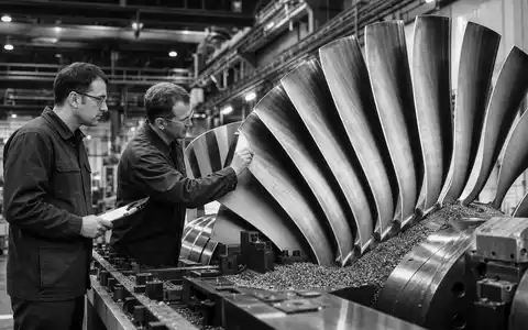 Rolls-Royce Holdings plc (GB00B63H8491): Schwarzweiß-Reportage zeigt zwei Ingenieure bei genauer Inspektion großer Turbinenschaufeln - Foto: THN