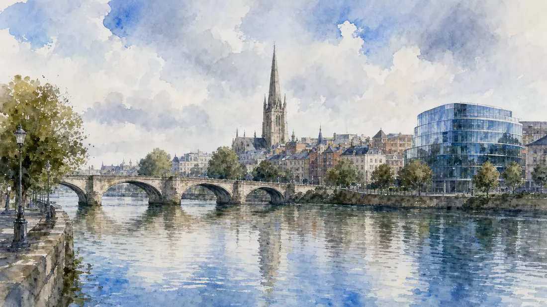 Aquarell einer englischen Stadt am Fluss, Rolls-Royce Holdings plc GB00B63H8491