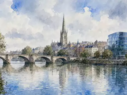 Rolls-Royce Holdings plc (GB00B63H8491): Aquarellmalerei zeigt englische Flussstadt mit Steinbrücke, Kirchturm und modernem Bürogebäude - Foto: THN