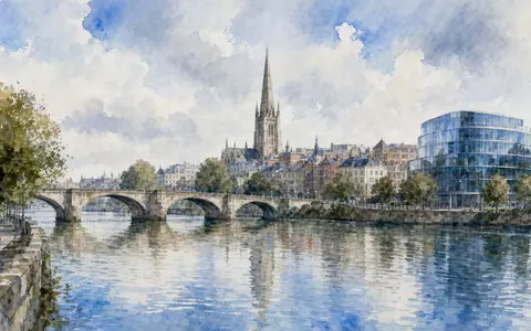 Rolls-Royce Holdings plc (GB00B63H8491): Aquarellmalerei zeigt englische Flussstadt mit Steinbrücke, Kirchturm und modernem Bürogebäude - Foto: THN