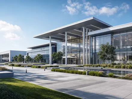 Rolls-Royce Holdings plc (GB00B63H8491): Architektur-Render zeigt modernen Forschungscampus für Luftfahrttechnik mit Glasfassade und Grünflächen - Foto: THN
