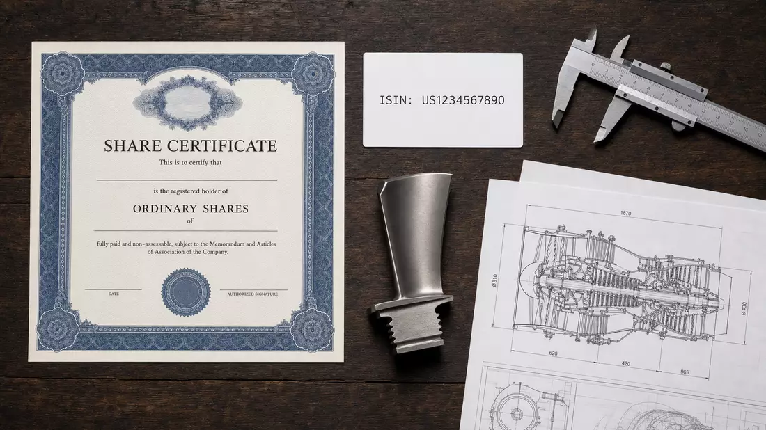 Flatlay mit Zertifikat, ISIN-Karte, Turbinenschaufel, Rolls-Royce Holdings plc GB00B63H8491