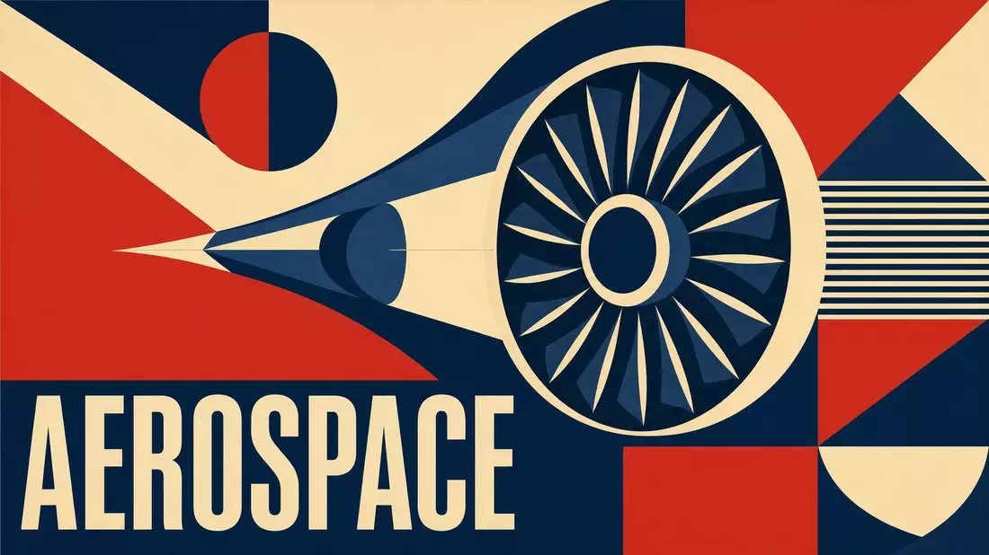 Bauhaus-Poster mit Turbinenform und Text AEROSPACE, Rolls-Royce Holdings plc GB00B63H8491