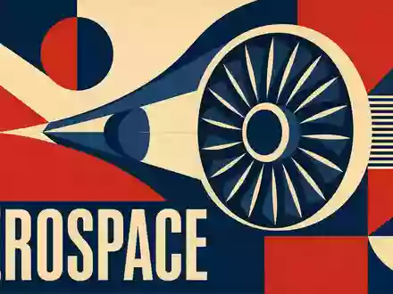 Rolls-Royce Holdings plc (GB00B63H8491): Geometrisches Bauhaus-Poster zeigt stilisierte Turbine, Flugzeugform und Sektor-Schriftzug Aerospace - Foto: THN