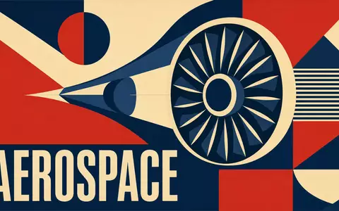 Rolls-Royce Holdings plc (GB00B63H8491): Geometrisches Bauhaus-Poster zeigt stilisierte Turbine, Flugzeugform und Sektor-Schriftzug Aerospace - Foto: THN