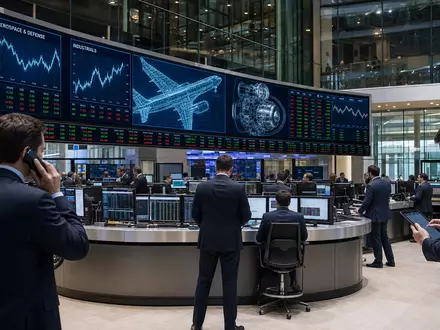 Rolls-Royce Holdings plc (GB00B63H8491): Börsen-Editorial zeigt modernen Handelsraum mit Charts zur Luft- und Verteidigungsbranche - Foto: THN