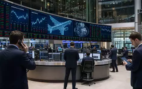Rolls-Royce Holdings plc (GB00B63H8491): Börsen-Editorial zeigt modernen Handelsraum mit Charts zur Luft- und Verteidigungsbranche - Foto: THN