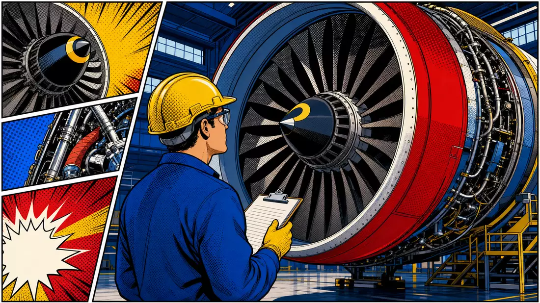 Comic-Ingenieur inspiziert Triebwerk im Pop-Art-Stil, Rolls-Royce Holdings plc GB00B63H8491