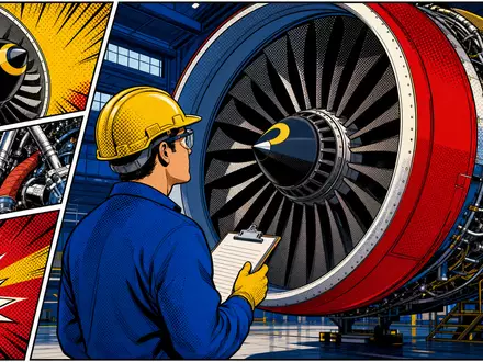 Rolls-Royce Holdings plc (GB00B63H8491): Pop-Art-Comic zeigt Ingenieur bei genauer Inspektion eines riesigen Turbinen-Triebwerks - Foto: THN