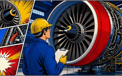 Rolls-Royce Holdings plc (GB00B63H8491): Pop-Art-Comic zeigt Ingenieur bei genauer Inspektion eines riesigen Turbinen-Triebwerks - Foto: THN