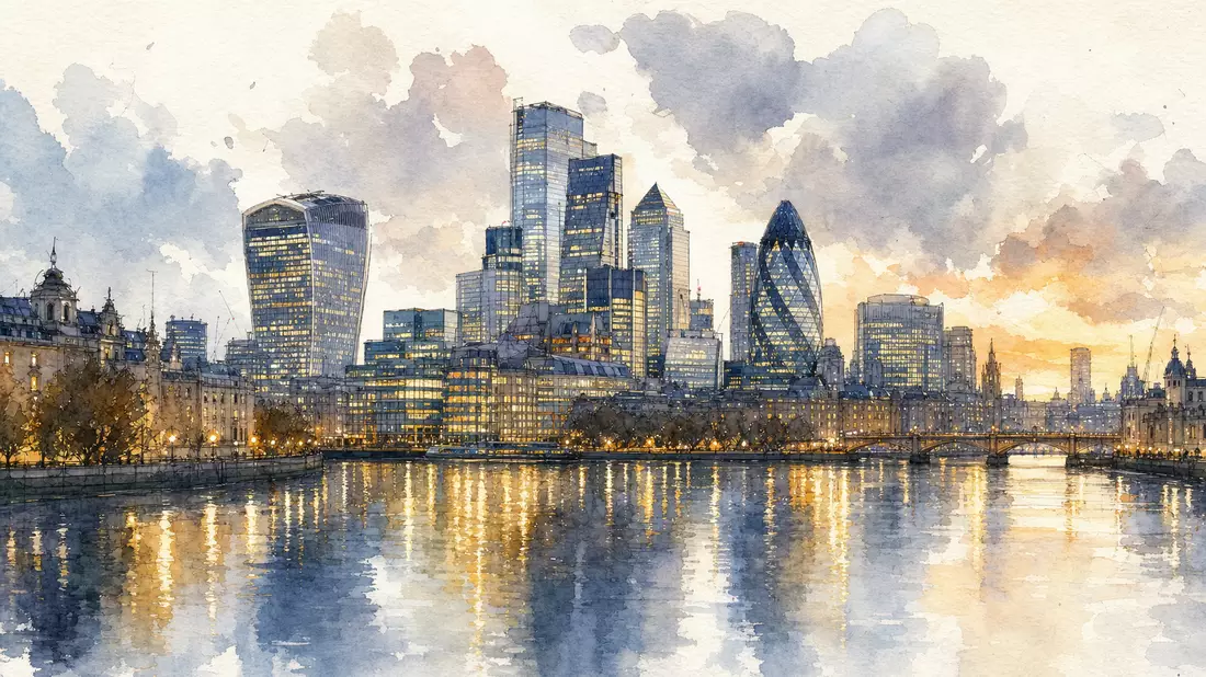 Aquarell einer abendlichen Stadtskyline mit Türmen und Wasserreflexion