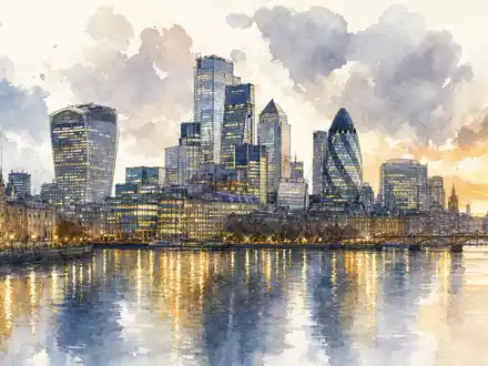 NatWest Group plc zeigt die Skyline von Edinburgh als Aquarellgemälde mit Flussreflexion, ISIN GB00BM8PJ831 - Foto: THN