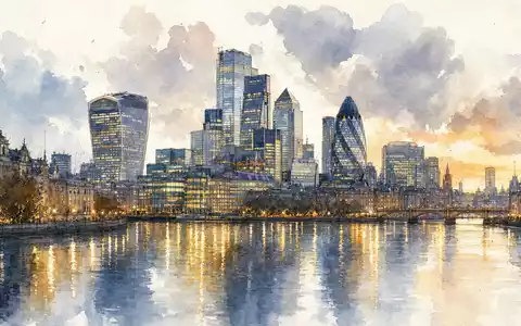 NatWest Group plc zeigt die Skyline von Edinburgh als Aquarellgemälde mit Flussreflexion, ISIN GB00BM8PJ831 - Foto: THN