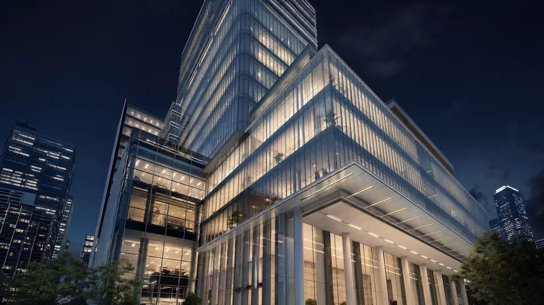 3D-Architekturrender eines modernen Bankturms bei Nacht mit leuchtenden Etagen