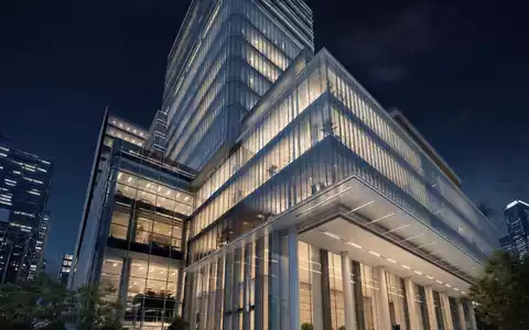 NatWest Group plc moderner Bankturm als nächtliches Architektur-Render mit Glasfassade, ISIN GB00BM8PJ831 - Foto: THN