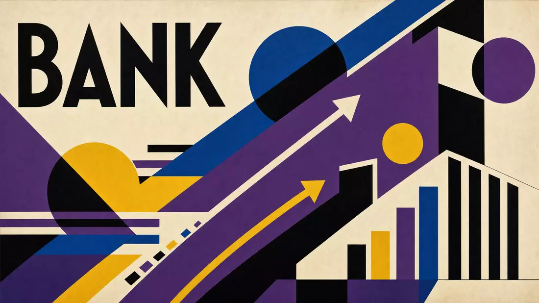 Bauhaus-Poster mit geometrischen Formen, Text BANK und konstruktivistischer Farbgebung