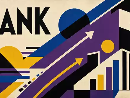 NatWest Group plc als Bauhaus-Poster geometrisch mit Sektor-Text BANK und Finanzformen, ISIN GB00BM8PJ831 - Foto: THN