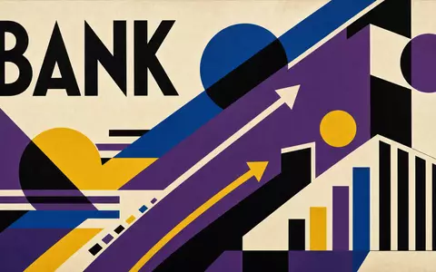 NatWest Group plc als Bauhaus-Poster geometrisch mit Sektor-Text BANK und Finanzformen, ISIN GB00BM8PJ831 - Foto: THN
