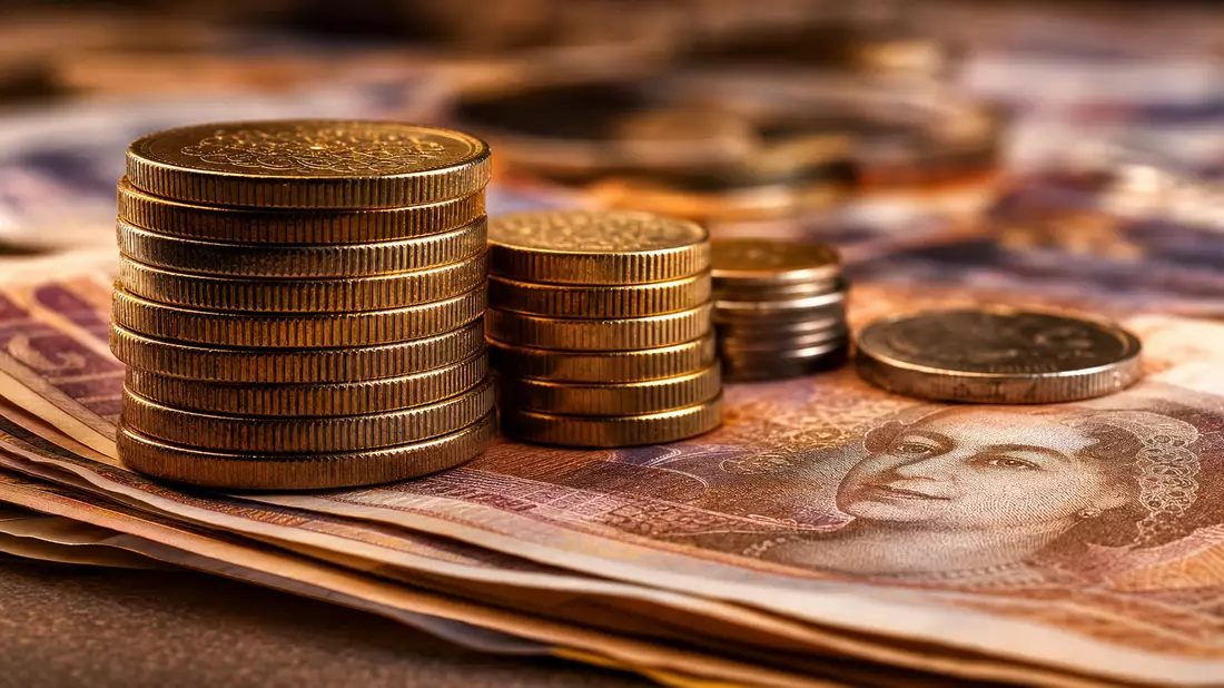 Makroaufnahme gestapelter Münzen auf Banknoten mit Bokeh-Hintergrund