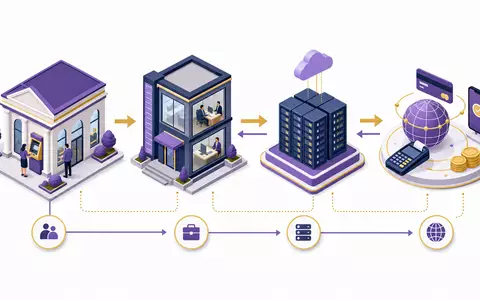 NatWest Group plc Wertschöpfungskette isometrisch mit Filiale, Server und Zahlungsnetz, ISIN GB00BM8PJ831 - Foto: THN