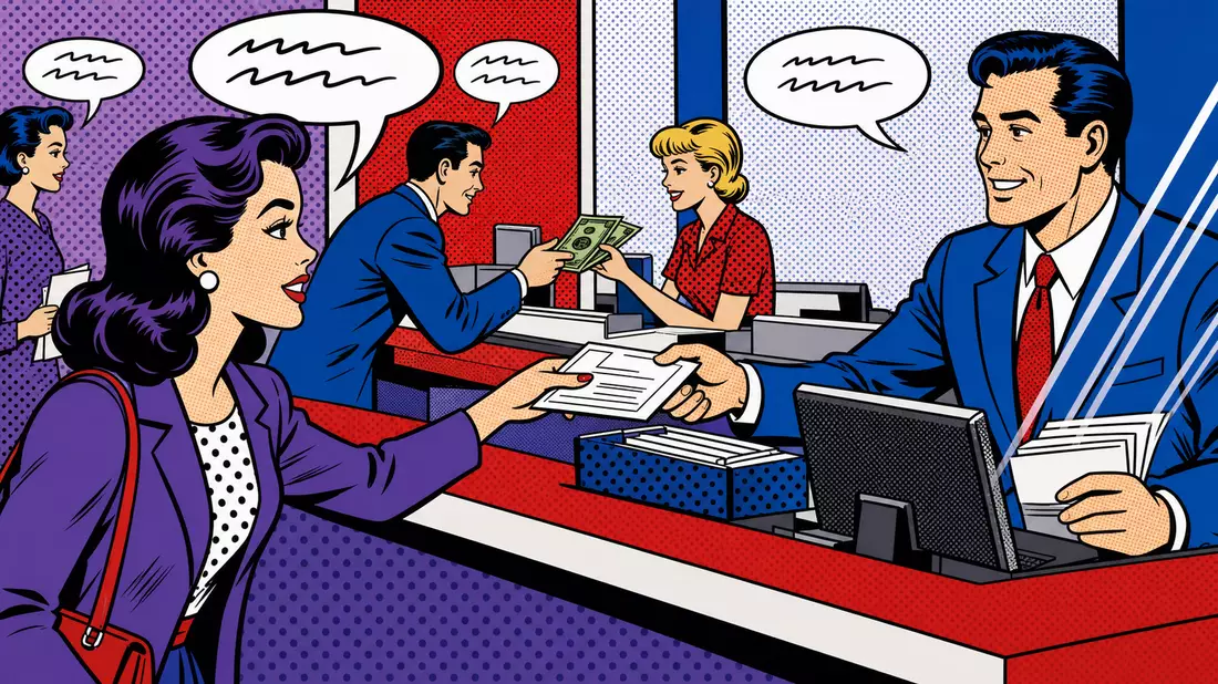 Pop-Art-Comic im Lichtenstein-Stil mit Bankszene, Ben-Day-Punkte und Sprechblasen