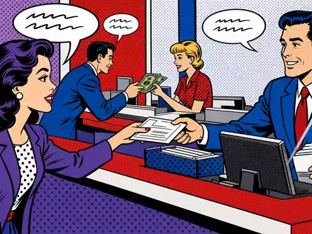 NatWest Group plc als Pop-Art-Comic mit Bankschalterszene und bunten Raster-Punkten, ISIN GB00BM8PJ831 - Foto: THN