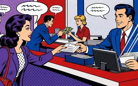 NatWest Group plc als Pop-Art-Comic mit Bankschalterszene und bunten Raster-Punkten, ISIN GB00BM8PJ831 - Foto: THN