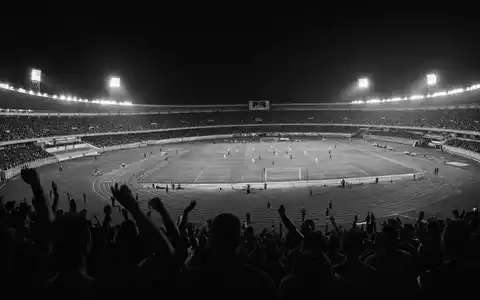 Schwarzweiß-Reportage zeigt Sportstadion bei Nacht, passend zu Flutter Entertainment plc ISIN IE00BWT6H894 Wettgeschäft - Foto: THN