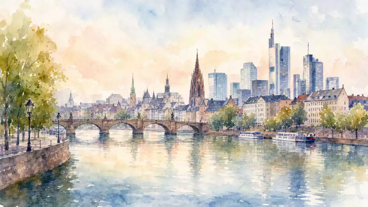 Aquarellbild einer irischen Stadtsilhouette am Fluss, Flutter Entertainment plc IE00BWT6H894