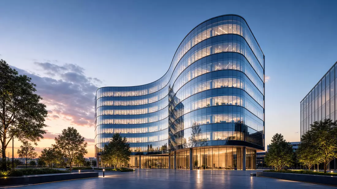 3D-Render eines modernen Glas-Bürohochhauses, Flutter Entertainment plc IE00BWT6H894