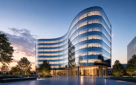 Architektur-Render eines modernen Bürohochhauses repräsentiert Flutter Entertainment plc ISIN IE00BWT6H894 als Unternehmenszentrale symbolisch - Foto: THN