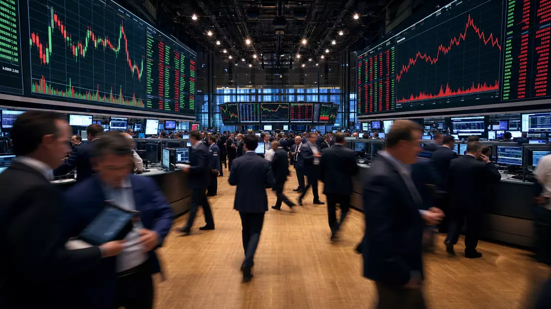 Trading-Floor mit Kursbildschirmen und Charts, Flutter Entertainment plc IE00BWT6H894