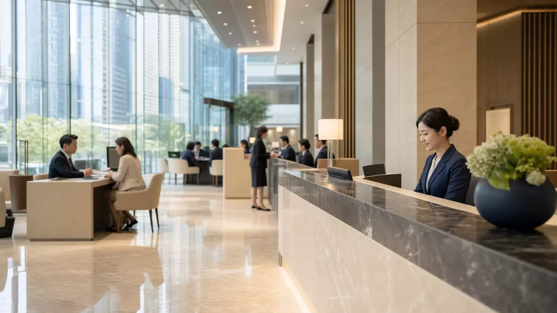 Moderne Bankfiliale in Asien, fotorealistisch, internationales Bankgeschäft