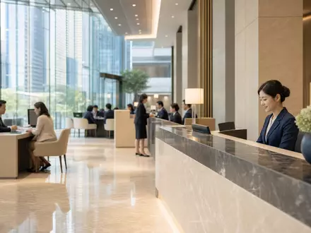 Fotorealistisches Bild einer modernen Bankfiliale in Asien zeigt Standard Chartered PLC, ISIN GB0004082847, internationales Geschäft - Foto: THN