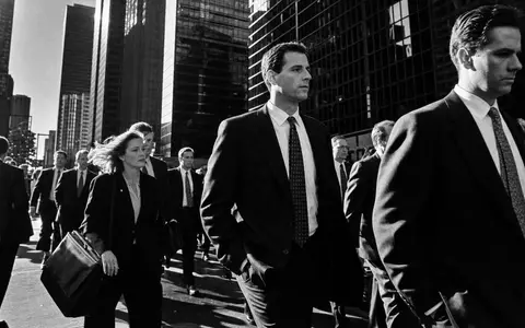 Schwarzweiß-Reportagefoto zeigt Standard Chartered PLC, ISIN GB0004082847, Bankangestellte im geschäftigen Finanzdistrikt Londons - Foto: THN