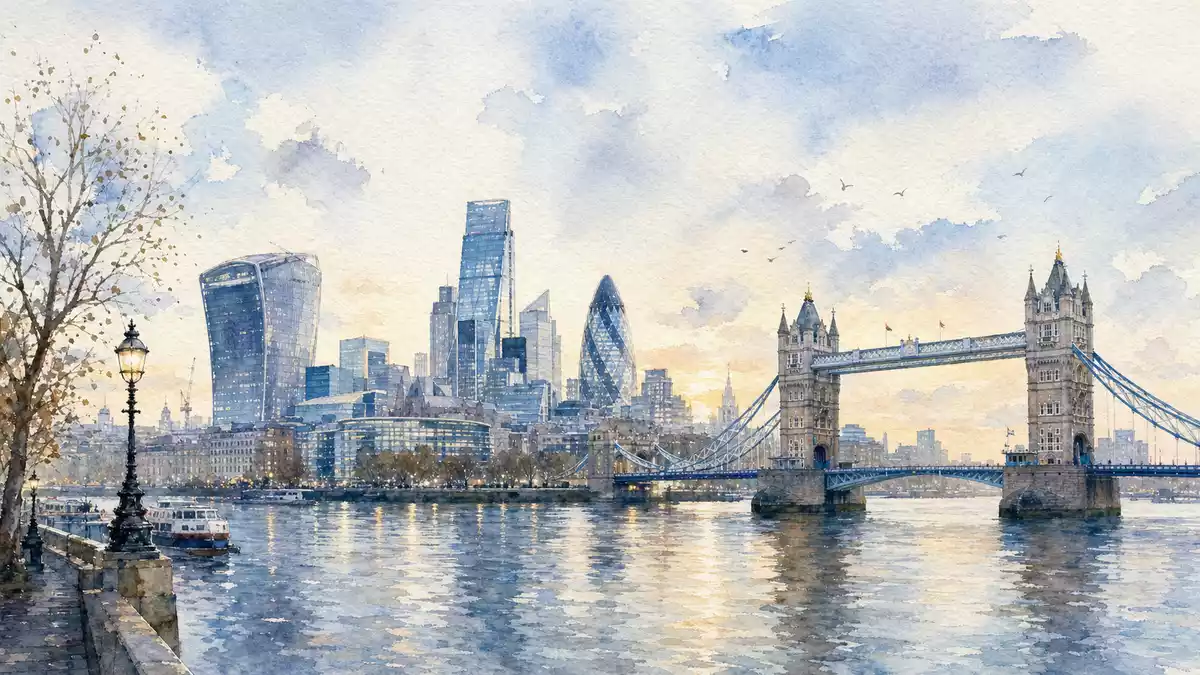 Aquarellbild der Londoner Skyline am Flussufer mit Bürotürmen