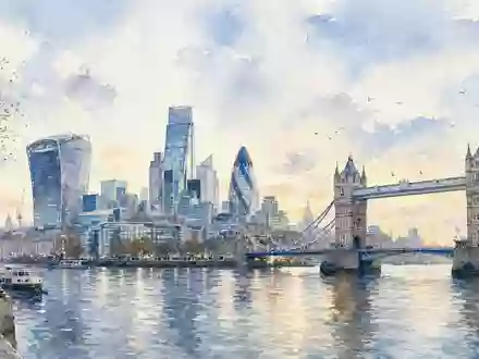 Aquarellmalerei der Londoner Skyline symbolisiert Standard Chartered PLC, ISIN GB0004082847, britische Großbank am Themseufer - Foto: THN