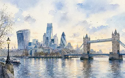 Aquarellmalerei der Londoner Skyline symbolisiert Standard Chartered PLC, ISIN GB0004082847, britische Großbank am Themseufer - Foto: THN