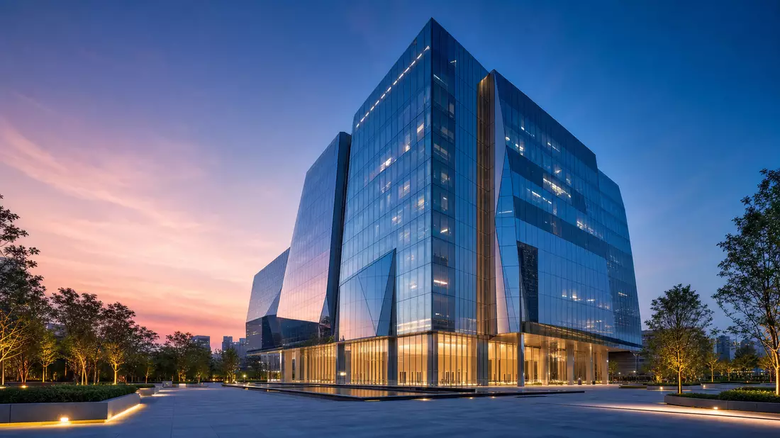 Architektonisches Render eines modernen gläsernen Wolkenkratzers bei Dämmerung