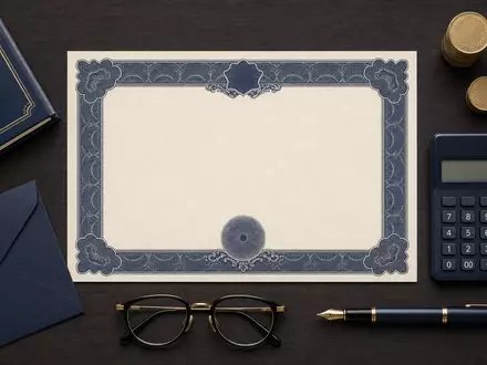 Flatlay-Arrangement mit Aktienzertifikat und Finanzutensilien illustriert Standard Chartered PLC, ISIN GB0004082847, internationales Bankwesen - Foto: THN