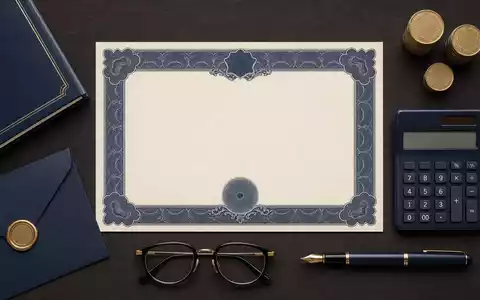 Flatlay-Arrangement mit Aktienzertifikat und Finanzutensilien illustriert Standard Chartered PLC, ISIN GB0004082847, internationales Bankwesen - Foto: THN