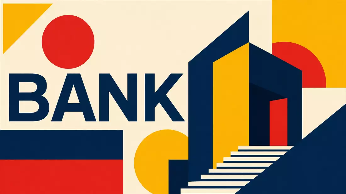 Bauhaus-Poster mit geometrischen Formen und dem Wort BANK