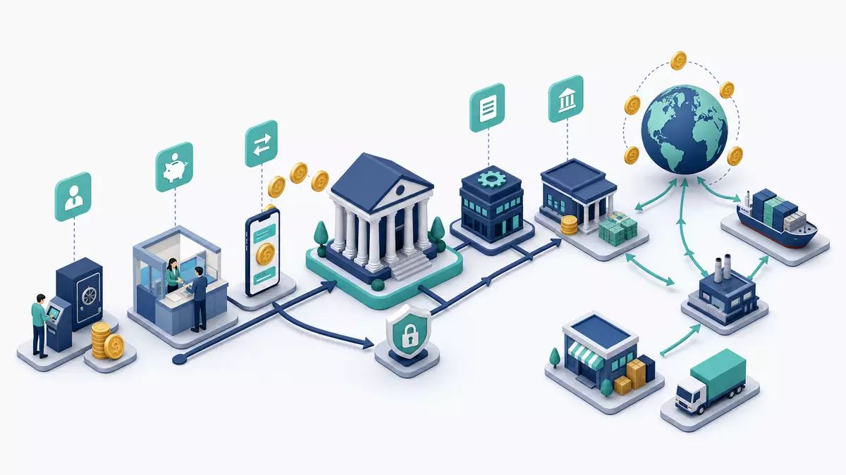 Isometrische 3D-Illustration einer Bank-Wertschöpfungskette mit Gebäuden