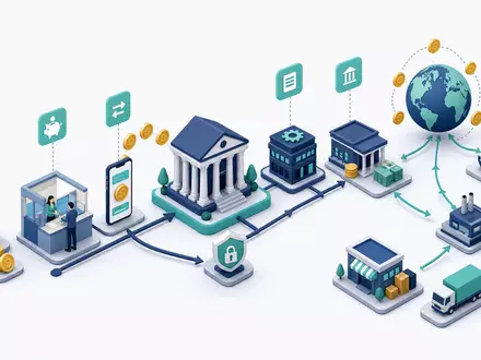 Isometrische 3D-Grafik zeigt Finanzwertschöpfungskette für Standard Chartered PLC, ISIN GB0004082847, weltweites Bankgeschäft - Foto: THN