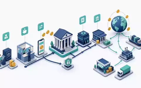 Isometrische 3D-Grafik zeigt Finanzwertschöpfungskette für Standard Chartered PLC, ISIN GB0004082847, weltweites Bankgeschäft - Foto: THN