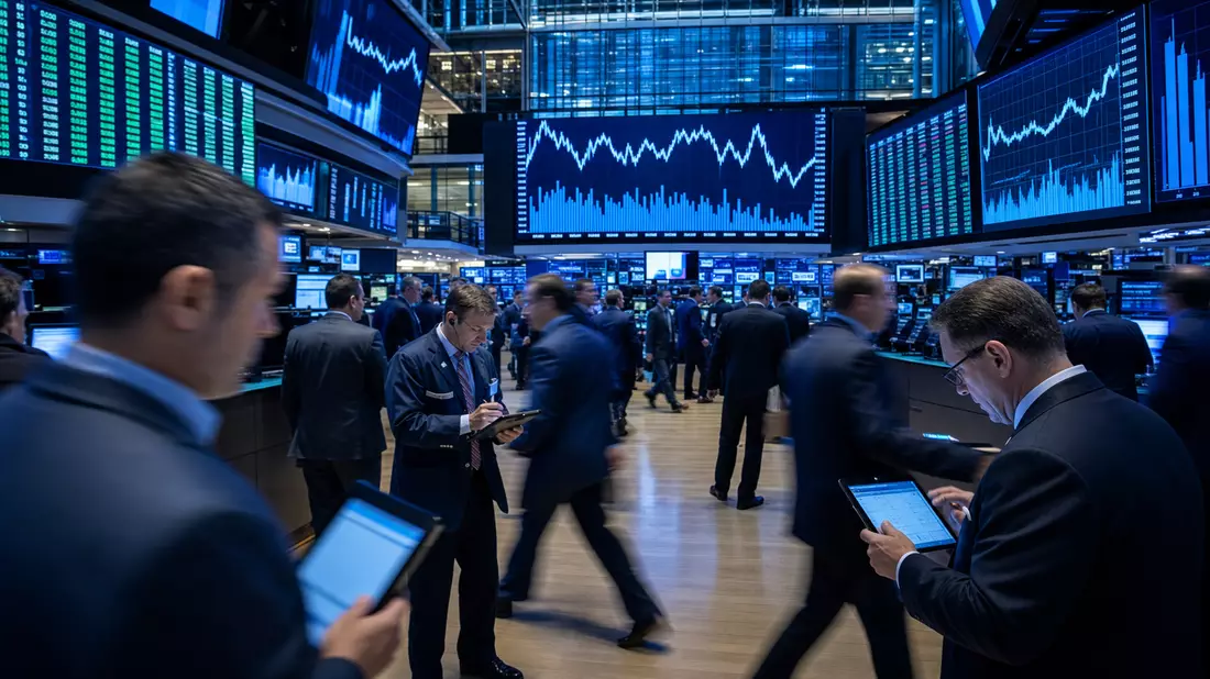 Trading-Floor mit großen Bildschirmen und Finanzcharts im Hintergrund