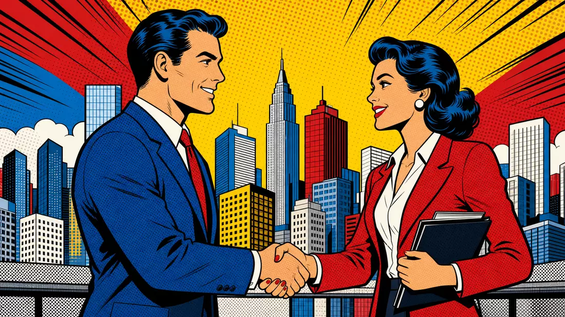 Pop-Art-Comic mit Bankangestellten und stilisierten Halbtonpunkten