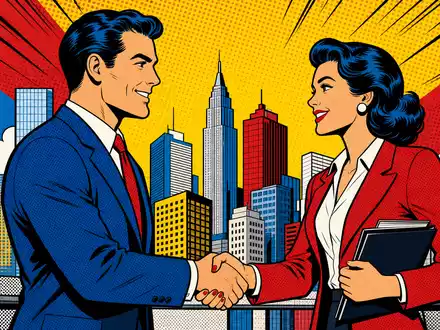 Pop-Art-Comic-Szene mit stilisierten Bankangestellten repräsentiert Standard Chartered PLC, ISIN GB0004082847, internationales Finanzwesen - Foto: THN